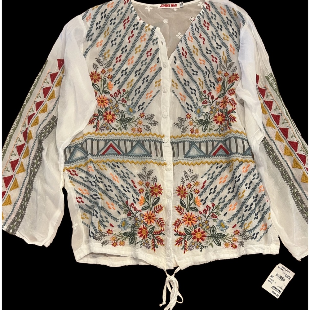 JOHNNY WAS WOMEN'S XS EMBROIDERED LONG SLEEVE WHITE BLOUSE NWT